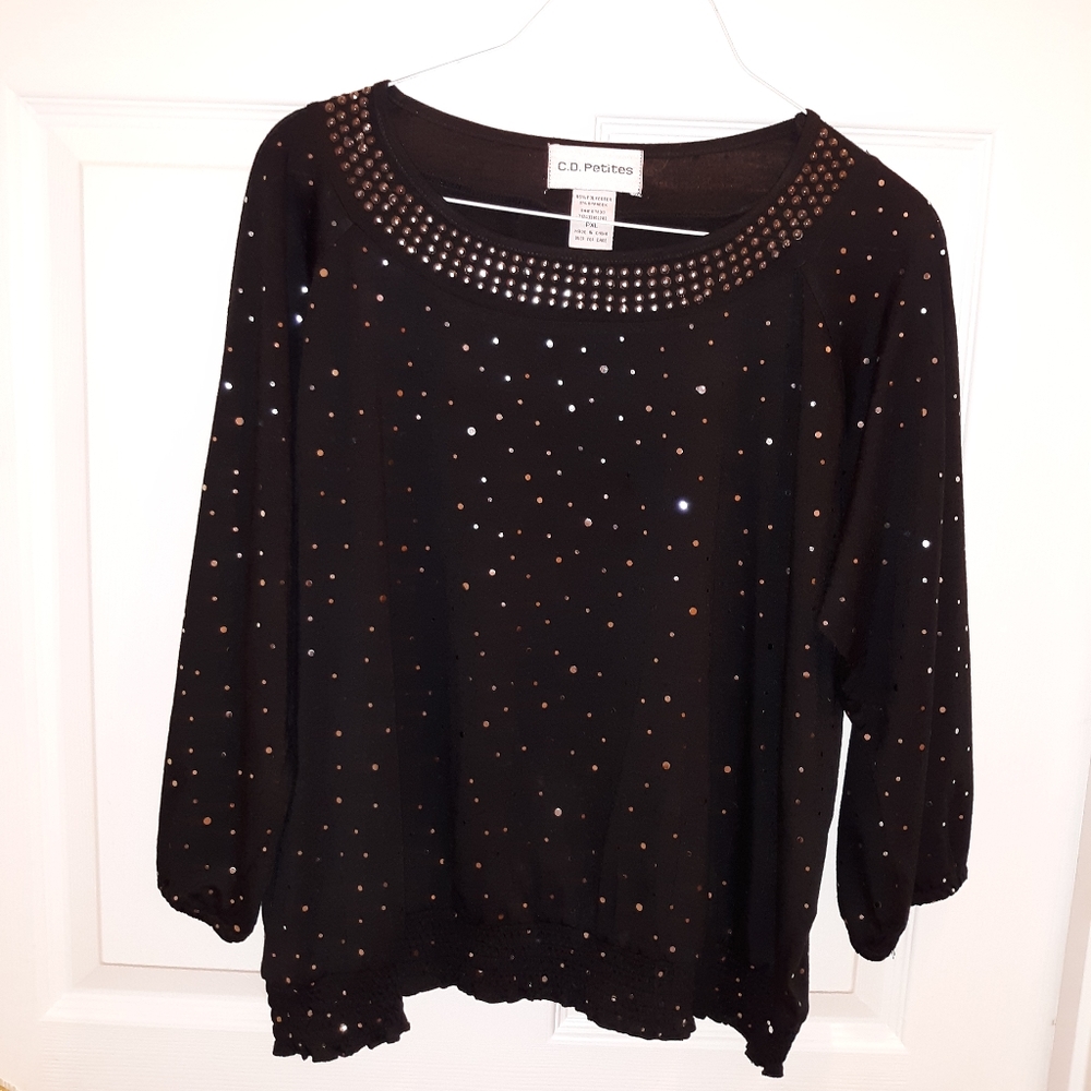 C D Petites black blouse with sequined body and silver studded neck.
